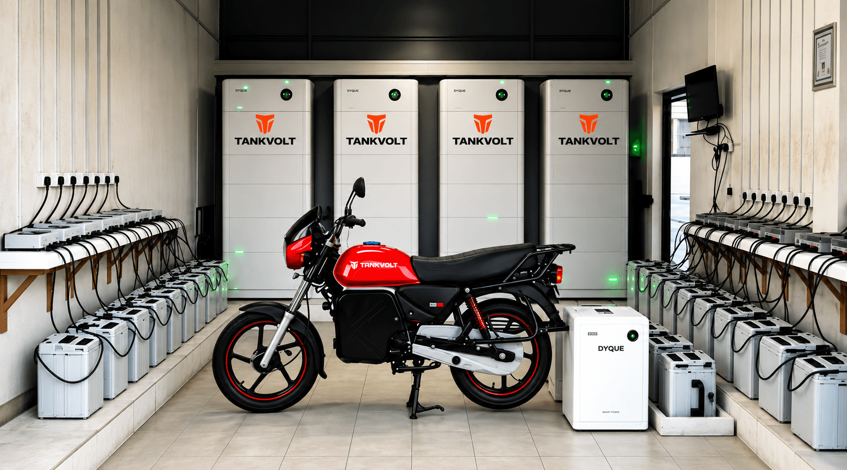 A TankVolt battery swap station, charged packs racked either side of a T22