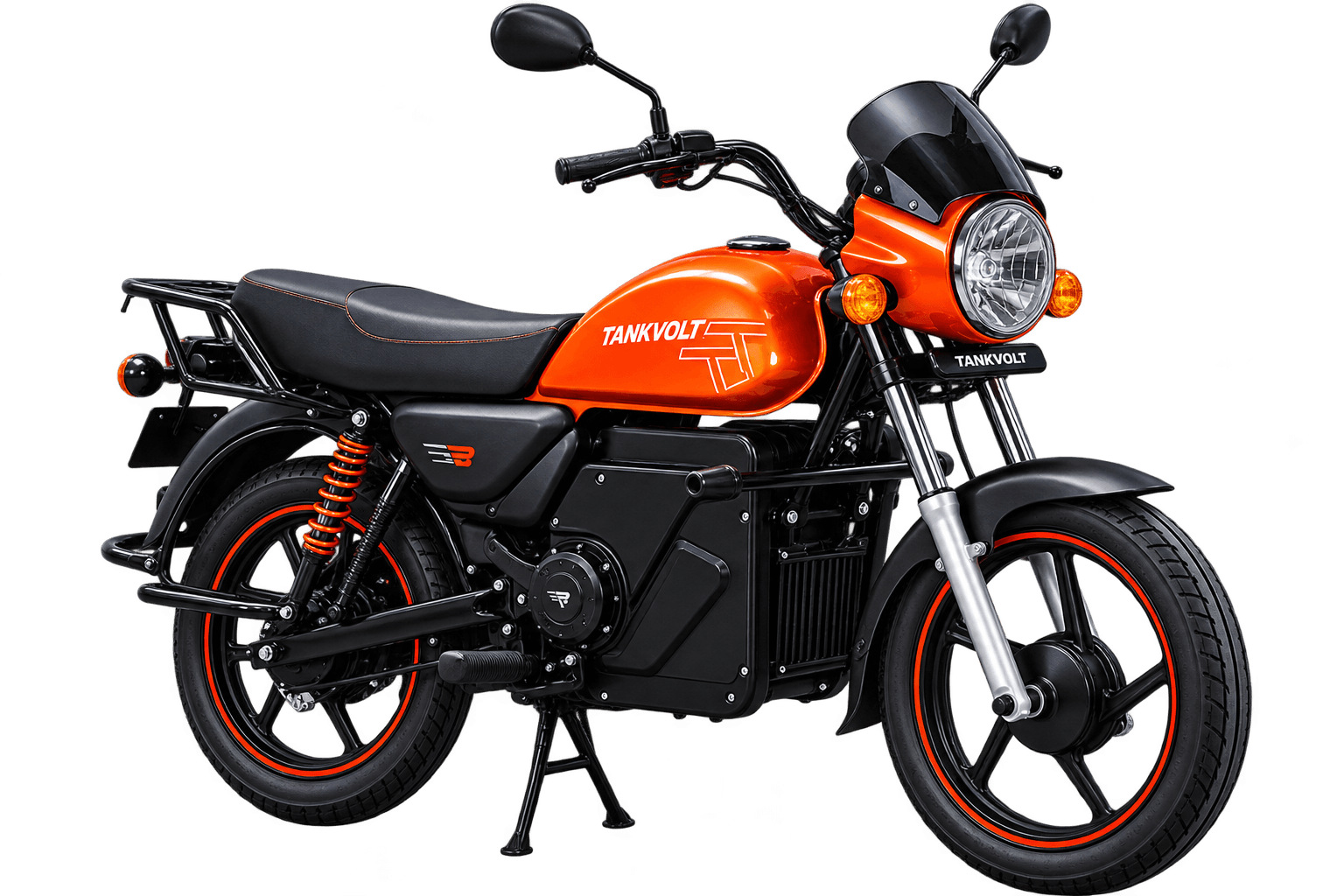BEEP Tank Volt T22 electric motorcycle, orange, front three-quarter view